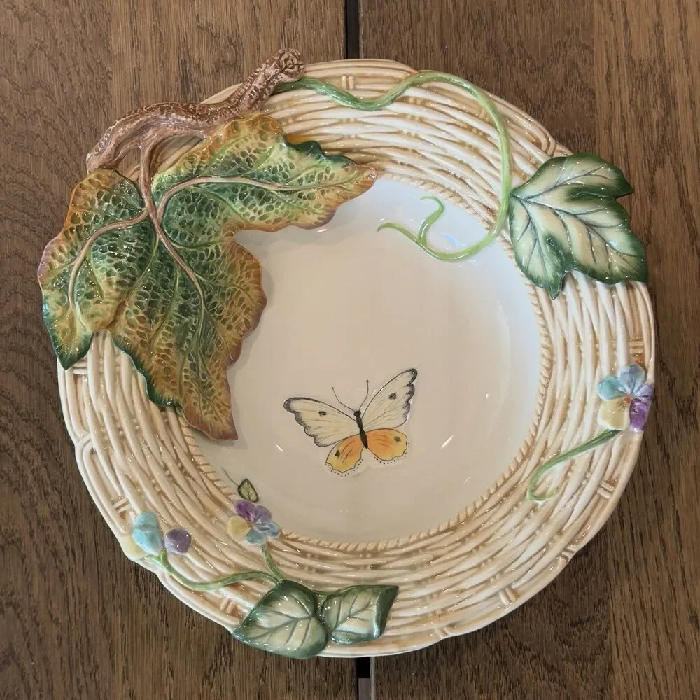Fitz and Floyd Old World Rabbits Serving Bowl 12” Basketweave Butterfly Vintage